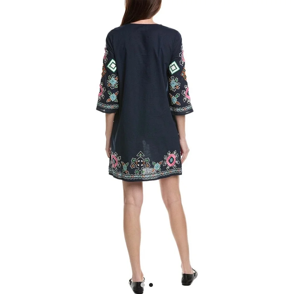 Frances‎ Valentine Capri Navy Blue Embroidered Cotton Tunic Dress Tassel Tie M